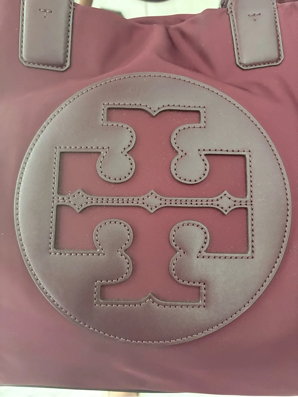 Tory Burch Maroon Nylon Logo Tote with Dark Brown Trim